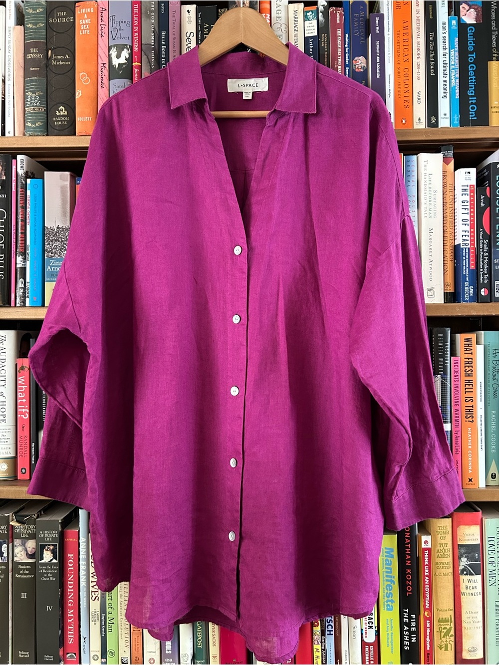 L*Space Fuchsia Collared 100% Linen Long Sleeve Button Down Shirt Dress M/L